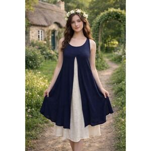 Ya Wei Women Vintage Navy & Cream Layered Sleeveless Relaxed Fit Midi Dress M‎